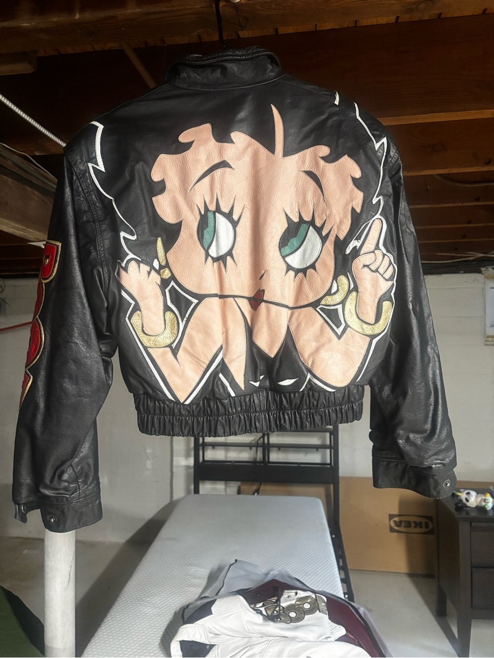 Women's Black Leather Bomber Jacket with Betty Boop Back Graphic